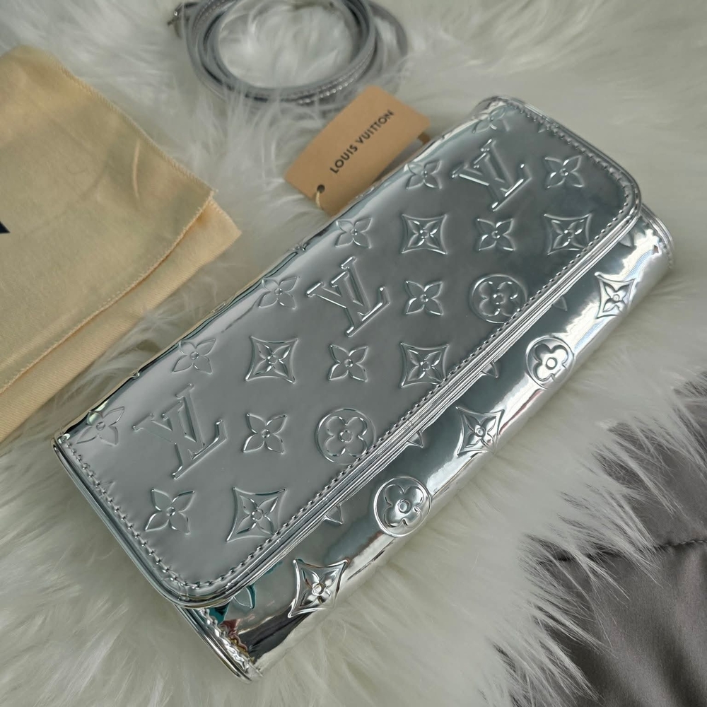 Louis Vuitton Metallic Silver Monogram Clutch Purse  Metallic Strap Twin Pouchet